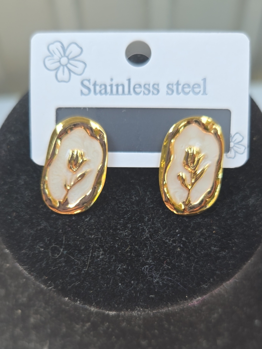 Gold and Cream Floral Stainless Steel Stud Earrings